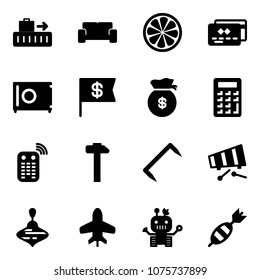Solid vector icon set - baggage vector, vip waiting area, lemon slice, credit card, safe, dollar flag, money bag, calculator, remote control, hammer, staple, xylophone, wirligig toy, plane, robot