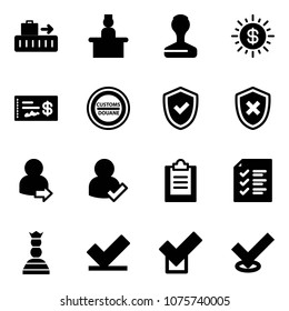 Solid vector icon set - baggage vector, recieptionist, stamp, dollar sun, check, customs road sign, shield, cross, user login, clipboard, list, chess queen