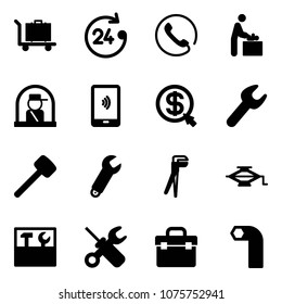 Solid vector icon set - baggage vector, 24 hours, phone, baby room, officer window, mobile payment, money click, wrench, rubber hammer, plumber, jack, tool box, screwdriver, allen key