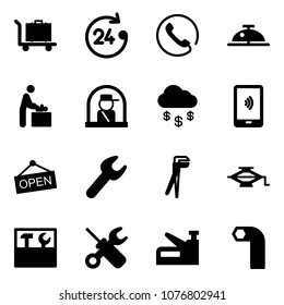 Solid vector icon set - baggage vector, 24 hours, phone, client bell, baby room, officer window, money rain, mobile payment, open, wrench, plumber, jack, tool box, screwdriver, stapler, allen key