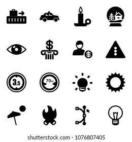 Solid vector icon set - baggage vector, safety car, candle, snowball house, eye, bank, account, traffic light road sign, limited height, distance, bulb, sun, beach, fire, bezier