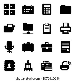 Solid vector icon set - baggage room vector, schedule, calculator, folder, network, clipboard, printer, office chair, case, portfolio, agreement, contact book, bank building, sea hotel, wireless