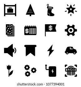 Solid vector icon set - baggage room vector, christmas tree, sock, star, breads, finance calendar, dollar flag, gear, low volume, lightning, car, tulip, flower, power bank, fingerprint scanner