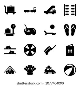 Solid vector icon set - baggage vector, truck, trap, plane seats, scales, coconut cocktail, lounger, flip flops, parasol, suitcase, passport, tent, shell, car, beach ball
