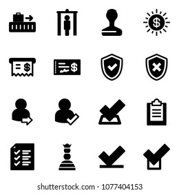 Solid vector icon set - baggage vector, metal detector gate, stamp, dollar sun, receipt, check, shield, cross, user login, clipboard, list, chess queen