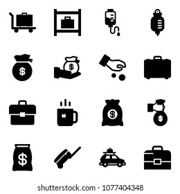 Solid vector icon set - baggage vector, room, drop counter, money bag, investment, case, portfolio, green tea, rich, suitcase, car