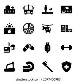 Solid Vector Icon Set - Baggage Vector, Airport Bus, Travolator, Credit Card, Terrorism, Radar, Helicopter, Hospital Building, Tonometer, Pills, Drop Counter, Barbell, Treadmill, Mri, Tooth Brush