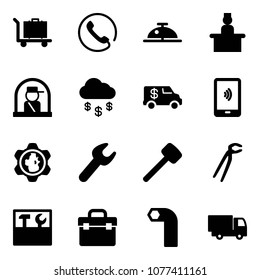 Solid vector icon set - baggage vector, phone, client bell, recieptionist, officer window, money rain, encashment car, mobile payment, gear globe, wrench, rubber hammer, plumber, tool box, allen key