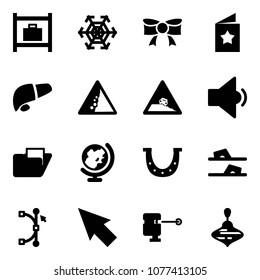 Solid vector icon set - baggage room vector, snowflake, bow, star postcard, liver, landslide road sign, steep roadside, low volume, folder, globe, luck, flip flops, bezier, cursor, laser lever