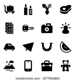 Solid vector icon set - baggage vector, candle, holly, meat, breads, key, camera, idea, car, paper fly, luck, watermelone, mountains, mobile phone, tool box, bear toy