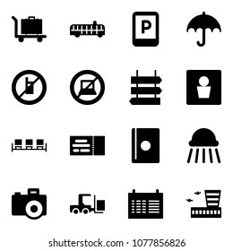 Solid vector icon set - baggage vector, airport bus, parking sign, insurance, no mobile, computer, post, male wc, waiting area, ticket, passport, shower, camera, fork loader, schedule, building