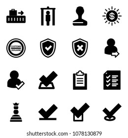 Solid vector icon set - baggage vector, metal detector gate, stamp, dollar sun, customs road sign, shield check, cross, user login, clipboard, list, chess queen