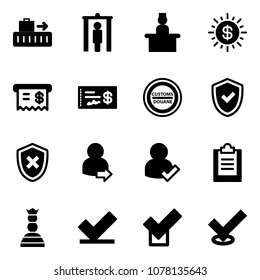 Solid vector icon set - baggage vector, metal detector gate, recieptionist, dollar sun, receipt, check, customs road sign, shield, cross, user login, clipboard, chess queen