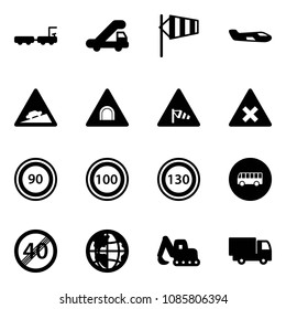 Solid Vector Icon Set - Baggage Truck Vector, Trap, Side Wind, Small Plane, Climb Road Sign, Tunnel, Railway Intersection, Speed Limit 90, 100, 130, Bus, End, Globe, Excavator Toy