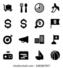 Solid vector icon set - baggage vector, spoon and fork, radar, banana, dollar sign, money search, flag, target, speaker horn, building, joystick wireless, terms plan, sailboat toy, basketball