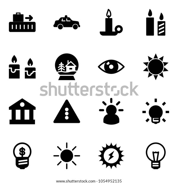 Solid vector icon set - baggage vector,
safety car, candle, snowball house, eye, sun, bank, traffic light
road sign, idea, bulb, business,
power