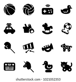 Solid vector icon set - ball vector, volleyball, joystick wireless, duck toy, car, shovel bucket, rocking horse, teethers, stick, xylophone, horn, piano, unicorn, cat