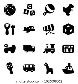 Solid vector icon set - ball vector, abc cube, beanbag, dinosaur toy, shovel fork, plane, xylophone, baby car, truck, train, piano, bus, giraffe, boat