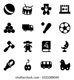 Solid vector icon set - ball vector, drum, bear toy, abacus, billiards balls, truck, baseball bat, soccer, hammer, doll, abc book, moon lamp, beanbag, yoyo, bus, duck