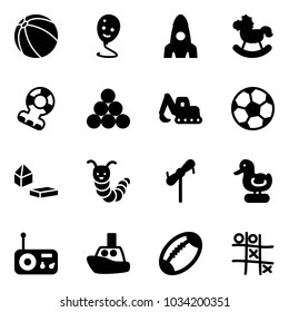 Solid vector icon set - ball vector, balloon smile, rocket, rocking horse, teethers, billiards balls, excavator toy, soccer, constructor blocks, caterpillar, windmill, duck, radio, boat, football