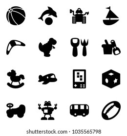 Solid vector icon set - ball vector, dolphin, robot, sailboat toy, boomerang, dinosaur, shovel fork, bucket, rocking horse, plane, game console, cube, baby car, bus, football