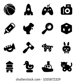Solid vector icon set - ball vector, rocket, joystick, camera, marker, dinosaur toy, beanbag, cube, horn, hammer, horse, rabbit, block house, duck, boat, cat