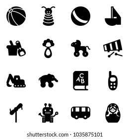 Solid vector icon set - ball vector, pyramid toy, sailboat, shovel bucket, beanbag, wheel horse, xylophone, excavator, elephant, abc book, phone, windmill, robot, bus, russian doll