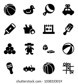 Solid vector icon set - ball vector, duck toy, beanbag, car, marker, shovel bucket, abacus, billiards balls, doll, constructor blocks, beach, basketball, Tic tac toe