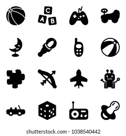 Solid vector icon set - ball vector, abc cube, joystick, baby car, moon lamp, beanbag, phone toy, beach, puzzle, bow, plane, robot, bones, radio, soother