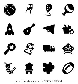 Solid vector icon set - ball vector, kite, balloon smile, beanbag, rocket, guitar, paper plane, shovel bucket, teethers, truck toy, ufo, caterpillar, block house, puzzle, football