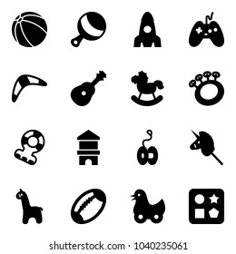 Solid vector icon set - ball vector, beanbag, rocket, joystick, boomerang, guitar, rocking horse, teethers, toy block house, yoyo, unicorn stick, giraffe, football, duck, cube hole