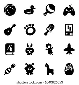 Solid vector icon set - ball vector, duck toy, beanbag, joystick, guitar, game console, abc book, rabbit, doll, plane, dart, monster, giraffe, russian