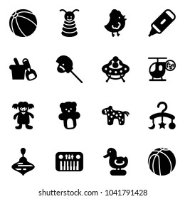 Solid vector icon set - ball vector, pyramid toy, chicken, marker, shovel bucket, horse stick, ufo, helicopter, doll, bear, baby carousel, wirligig, piano, duck, basketball