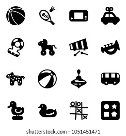 Solid vector icon set - ball vector, badminton, game console, car toy, teethers, wheel horse, xylophone, horn, beach, wirligig, bus, duck, Tic tac toe, cube hole