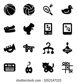 Solid vector icon set - ball vector, volleyball, badminton, duck toy, crocodile, dinosaur, game console, horn, horse, baby carousel, wirligig, piano, yoyo, cat, Tic tac toe
