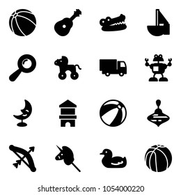 Solid vector icon set - ball vector, guitar, crocodile, sailboat toy, beanbag, wheel horse, truck, robot, moon lamp, block house, beach, wirligig, bow, unicorn stick, duck, basketball