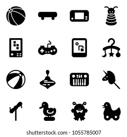 Solid vector icon set - ball vector, skateboard, game console, pyramid toy, gamepad, baby carousel, beach, wirligig, piano, unicorn stick, windmill, duck, monster