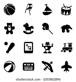 Solid vector icon set - ball vector, kite, sailboat toy, drum, bear, rocking horse, stick, elephant wheel, baseball bat, game console, robot, train, beach, piano, bow, plane