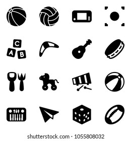 Solid vector icon set - ball vector, volleyball, game console, record button, abc cube, boomerang, guitar, tambourine, shovel fork toy, wheel horse, xylophone, beach, piano, paper plane, bones