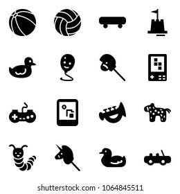 Solid vector icon set - ball vector, volleyball, skateboard, sand castle, duck toy, balloon smile, horse stick, game console, gamepad, horn, caterpillar, unicorn, car
