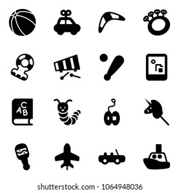 Solid vector icon set - ball vector, car toy, boomerang, beanbag, teethers, xylophone, baseball bat, game console, abc book, caterpillar, yoyo, unicorn stick, plane, boat