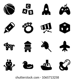 Solid vector icon set - ball vector, abc cube, rocket, joystick, marker, beanbag, xylophone, toy, horse, block house, unicorn stick, plane, robot, duck, boat, soother