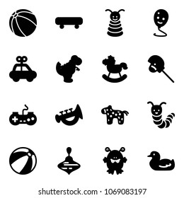 Solid vector icon set - ball vector, skateboard, pyramid toy, balloon smile, car, dinosaur, rocking horse, stick, gamepad, horn, caterpillar, beach, wirligig, monster, duck