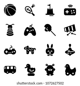 Solid vector icon set - ball vector, badminton, sand castle, joystick wireless, pyramid toy, horse stick, xylophone, gamepad, rabbit, wirligig, bus, duck, monster