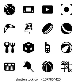 Solid vector icon set - ball vector, game console, playback, record button, boomerang, kite, tambourine, shovel fork toy, cube, phone, beach, piano, unicorn stick, basketball, Tic tac toe