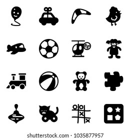 Solid vector icon set - balloon smile vector, car toy, boomerang, chicken, plane, soccer ball, helicopter, doll, train, beach, bear, puzzle, wirligig, cat, Tic tac toe, cube hole
