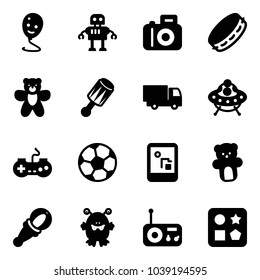 Solid vector icon set - balloon smile vector, robot, camera, tambourine, bear toy, beanbag, truck, ufo, gamepad, soccer ball, game console, monster, radio, cube hole