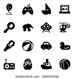 Solid vector icon set - balloon smile vector, joystick, sailboat toy, abacus, beanbag, elephant wheel, ufo, helicopter, beach ball, car, duck, radio, russian doll, boat, basketball