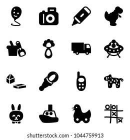 Solid vector icon set - balloon smile vector, camera, marker, dinosaur toy, shovel bucket, beanbag, truck, ufo, constructor blocks, phone, horse, rabbit, boat, duck, Tic tac toe