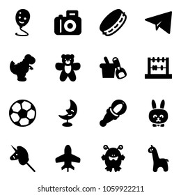Solid vector icon set - balloon smile vector, camera, tambourine, paper plane, dinosaur toy, bear, shovel bucket, abacus, soccer ball, moon lamp, beanbag, rabbit, unicorn stick, monster, giraffe